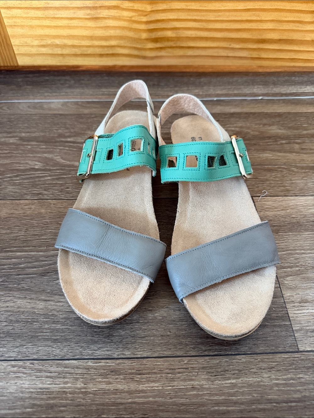 Women’s Naot Two-Tone Leather Slingback Wedge Sandals - Teal & Gray- Size 39/8